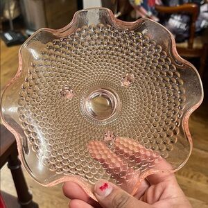 VINTAGE 7" Dia PINK DEPRESSION GLASS 3 FOOTED RUFFLE RIM HOBNAIL CANDY DISH BOWL